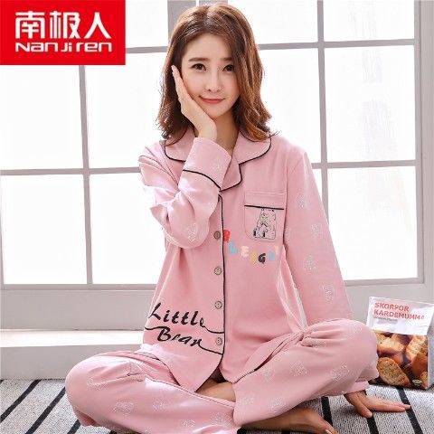 Pijamas de primavera y otoño de las mujeres más el tamaño % de algodón de manga larga traje de dos piezas Otoño e Invierno Delgado se puede usar fuera de casa