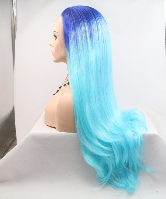Navidad pelo largo europeo y americano peluca degradada azul encaje frontal manga de pelo de fibra química LW0327