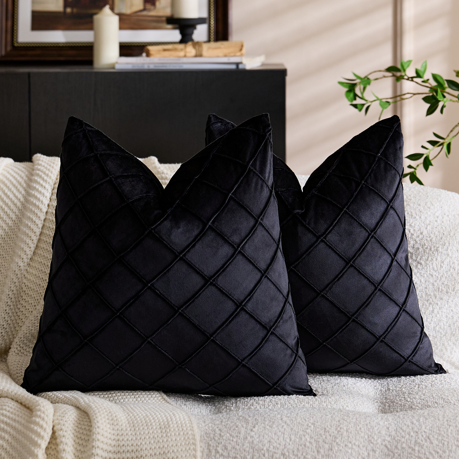 国境を越えた北欧の純色ビロード刺繍の方格子抱き枕カバー