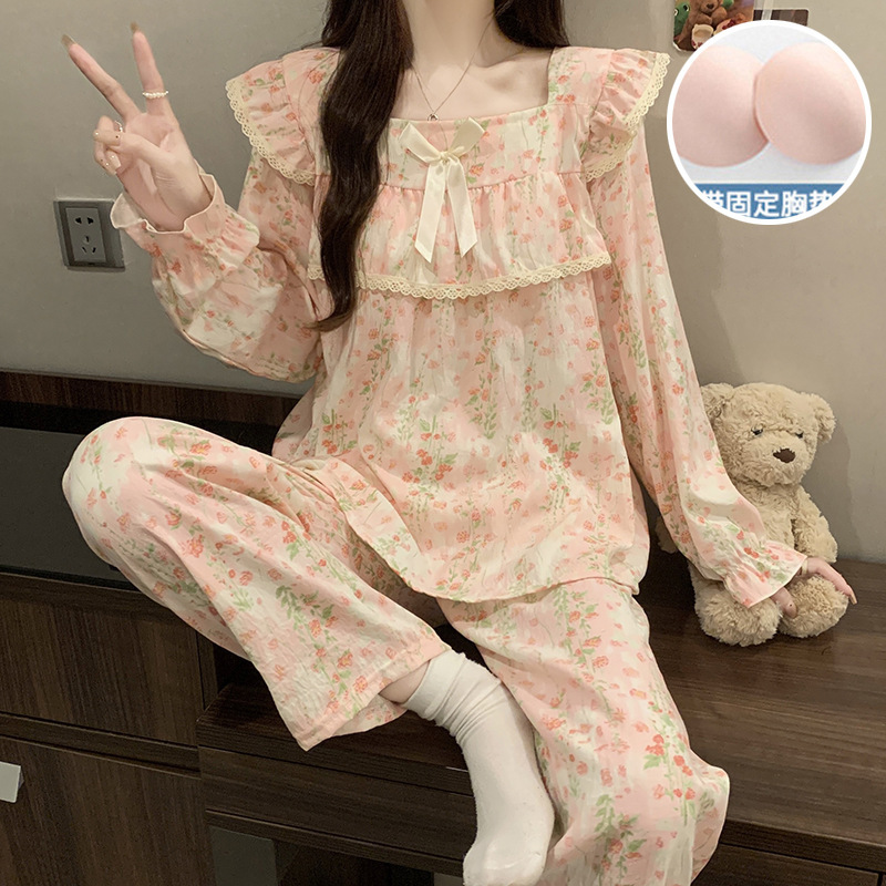 Pajamas for Women in Autum Woven Cloud Cotton with Chest Pads Home Clothes Set Long-Sleeved Sweet Princess Style Students Can Wear Outside