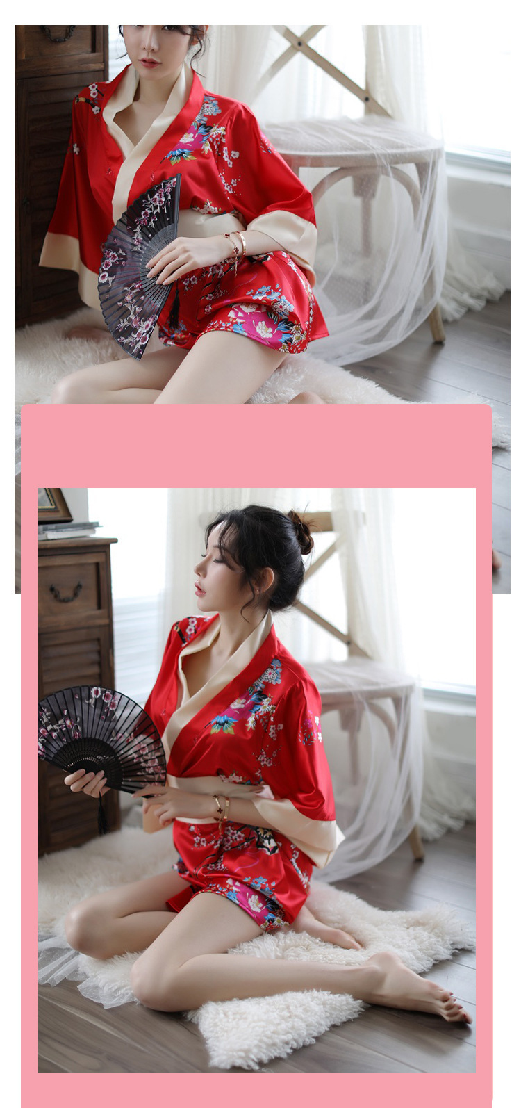 Japanese Print Kimono Robe Set with Thong and Belt, Polyester, One Size — detail image 17