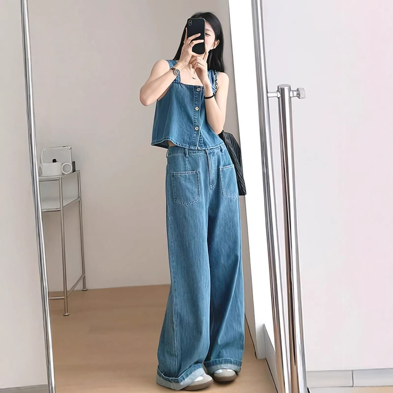 Korean-Style Elegant and Youthful Sleeveless Camisole Crop Top and Slimming High-Waisted Loose Denim Wide-Leg Pants Two-Piece Set