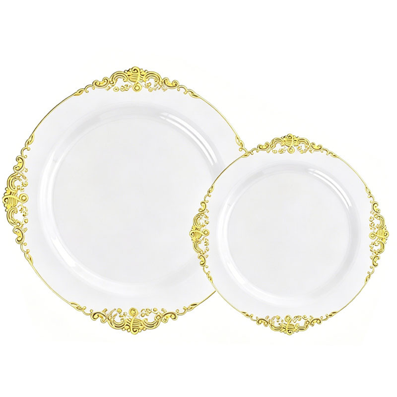 New vintage white gold-embossed disposable party plates, PS plastic gold-rimmed embossed plates, tableware decoration supplies New vintage white gold-embossed disposable party plates, PS plastic gold-rimmed embossed plates, tableware decoration supplies
