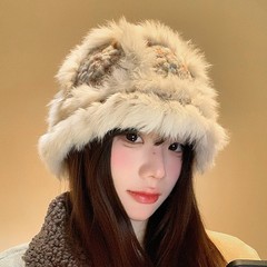 真兔毛云朵针织醒狮帽子女保暖百搭显脸小渔夫帽秋冬季毛绒绒盆帽