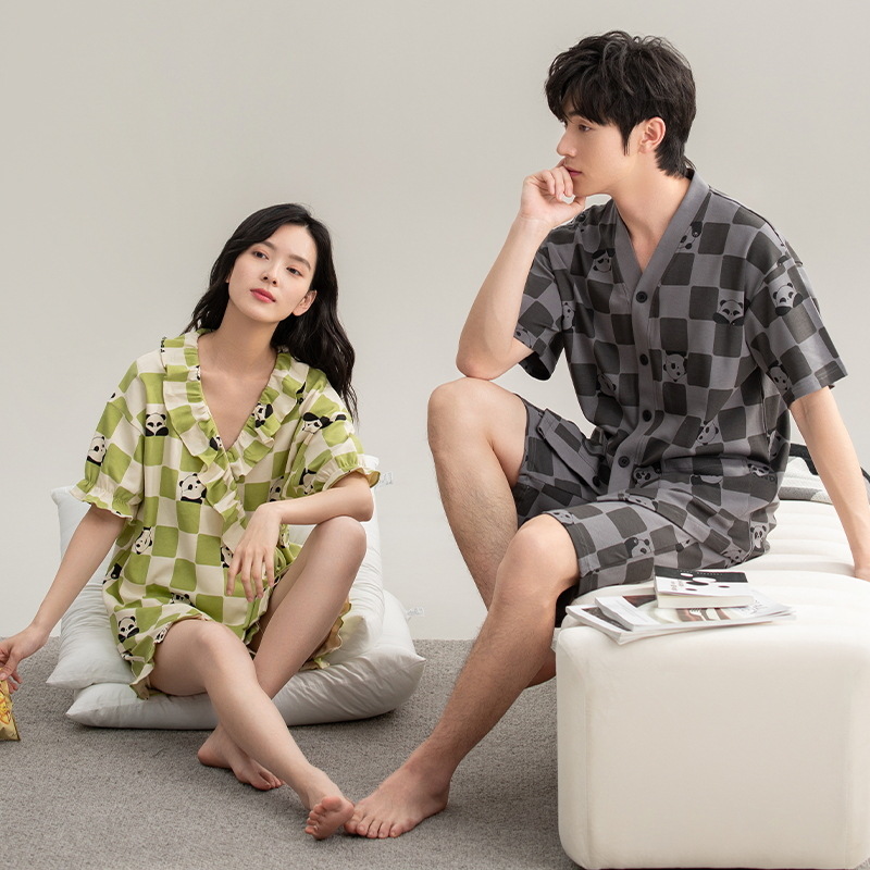 [7A antibacteriano] Pijamas de pareja primavera y verano algodón kimono de manga corta cárdigan con cuello en V traje de servicio a domicilio para hombre