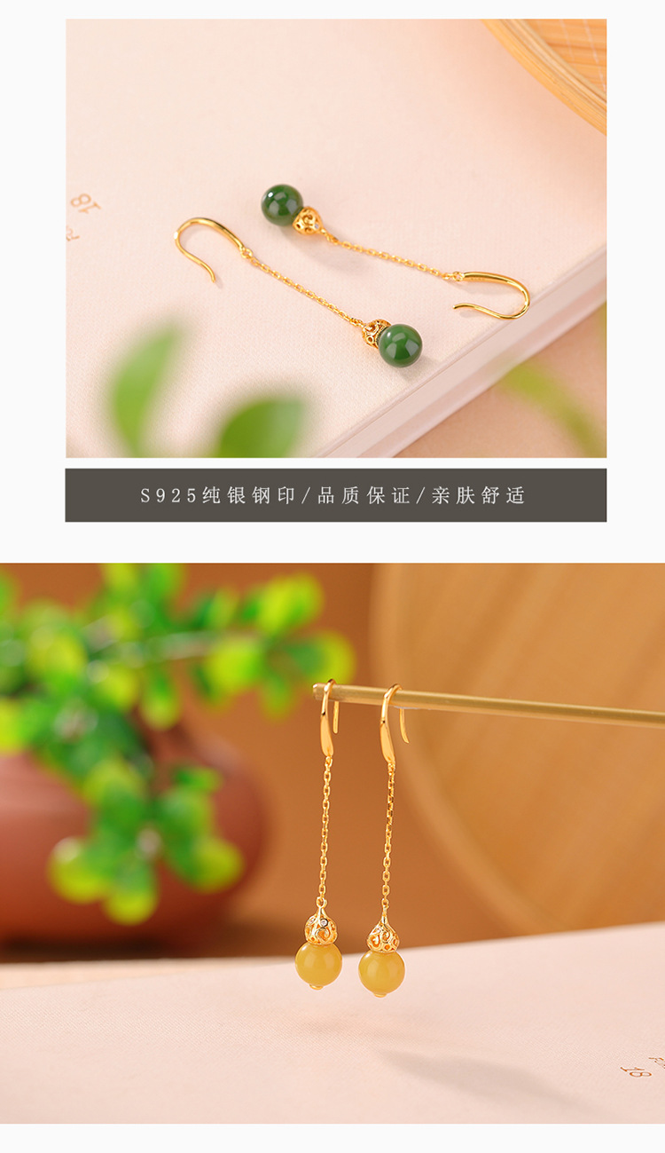 Bông tai móc bạc S925 mạ vàng đính ngọc bích và sáp ong hình hươu phong cách retro — Mẫu sáp ong chi tiết 5