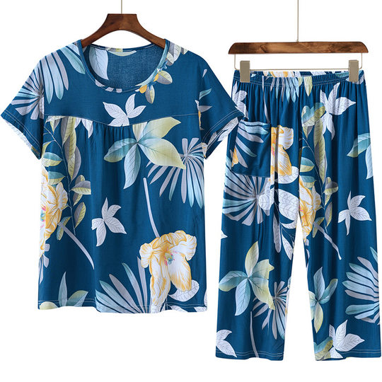 Mom Pajamas Spring and Autumn Women's Middle-aged and Elderly Short-sleeved Suit Cotton Silk Home Clothes Artificial Cotton Women's Casual Large Size Summer