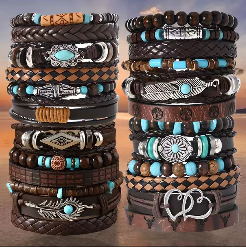Spring New Cross-Border Hot-Selling Retro Style Multi-Layered Peacock Feather Leather Woven Multi-Piece Set Multi-Color Mixed Bracelet Rhombus Spring New Cross-Border Hot-Selling Retro Style Multi-Layered Peacock Feather Leather Woven Multi-Piece Set Multi-Color Mixed Bracelet Rhombus