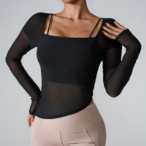 ins2024 European and American Cross-Border New Long-Sleeved Yoga Wear—Cloud-Feel Mesh Fixed-Cup Sports Long-Sleeved Yoga Wear for Women
