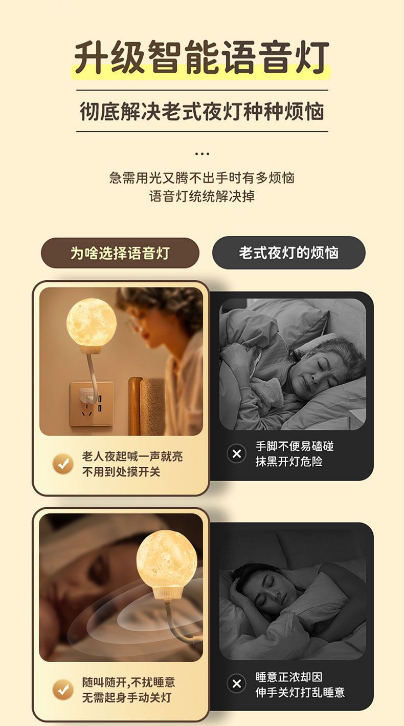 The popular moon-shaped bedside lamp is a smart voice-controlled night light with LED soft light sensor for home bedroom sleep Specification drawing