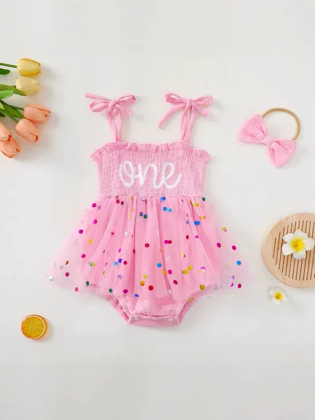 Cross-Border Variety of Styles for Baby Girls: Princess-Style Elegant Suspender Mesh Romper Dress with Embroidered One Flower + Bow