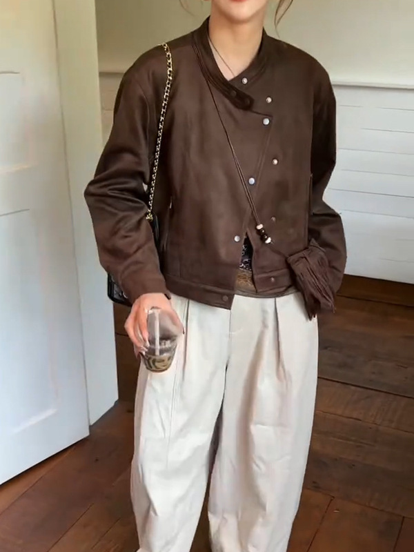 韩系复古麂皮绒斜扣配包包短外套女202秋季新款休闲机车夹克上衣|undefined