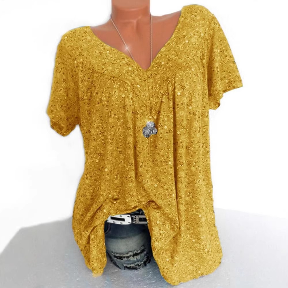 New Cross-Border European and American Clothing 2019 Summer Wish Amazon Ebay Popular V Neck Loose Short-Sleeved Printed T-Shirt