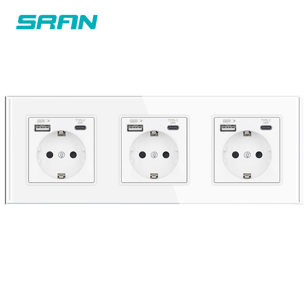 三联224型钢化玻璃欧规插座多联组合带usb+type-c手机快速充电20w