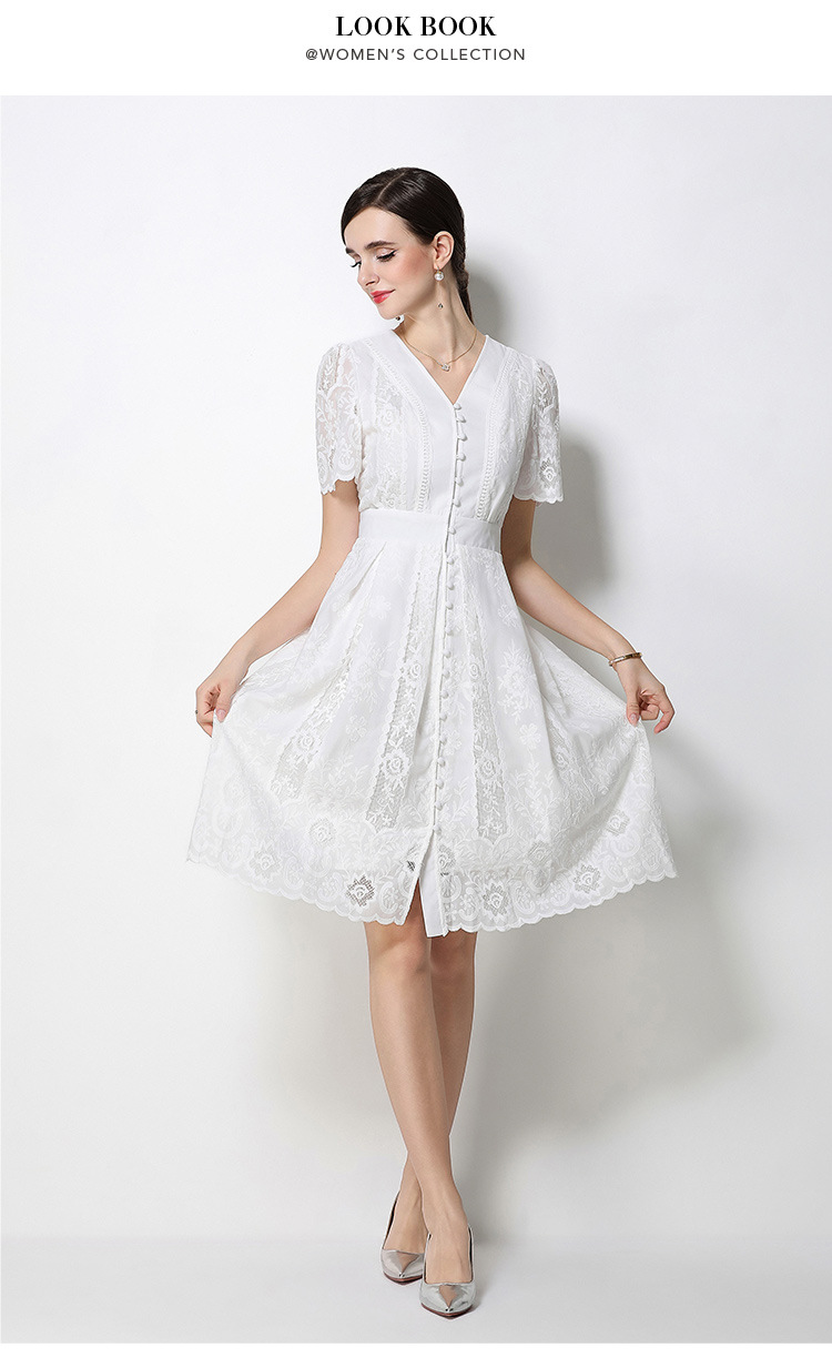 Đầm ren nữ Pháp thanh lịch tay ngắn cổ V thắt eo — màu đen, màu trắng chi tiết 17