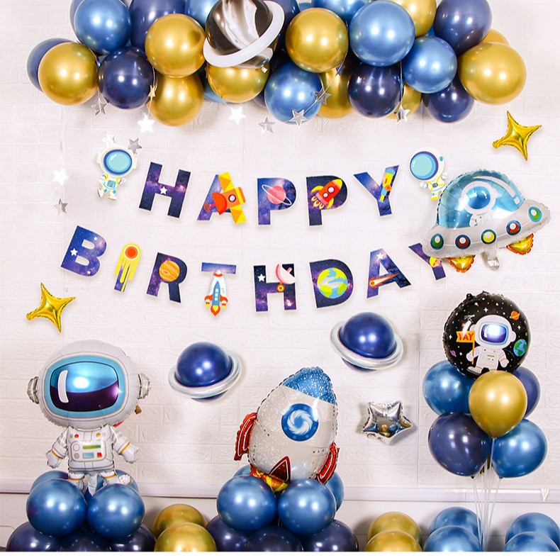 Spaceman tema fiesta de cumpleaños de los niños decoración astronauta cohete papel de aluminio globo cumpleaños tire bandera traje