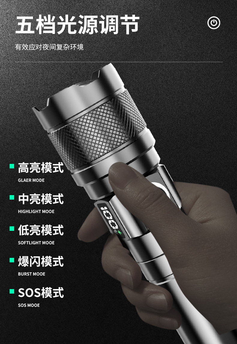Portable Flashlight Night Riding Fishing Lightweight Small Flashlight Zoom Digital Display White Laser Highlight Flashlight