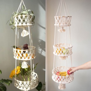 Scandinavian Style Decorative Storage Basket Kitchen Three-Layer Fruit and Vegetable Basket Cotton Rope Woven Home Storage Basket Plant Hanging Basket Wall Hanging