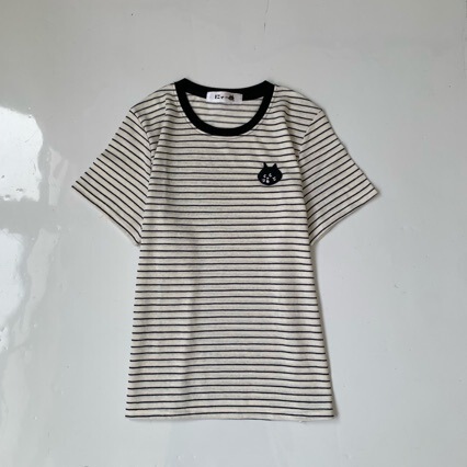 Contrast Color Striped Short-Sleeved T-Shirt for Women 2026 Spring and Summer New Style College Style Cartoon Cat T-Shirt Kitten Embroidered Top