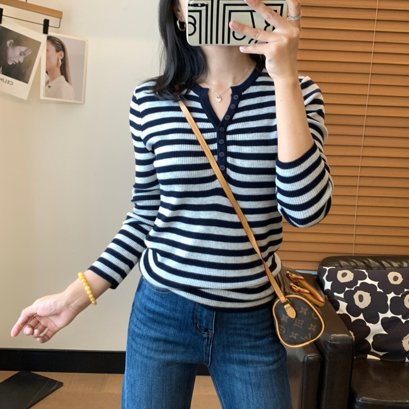 气质出众半开襟修身显瘦条纹针织上衣长袖打底衫女25秋冬|undefined