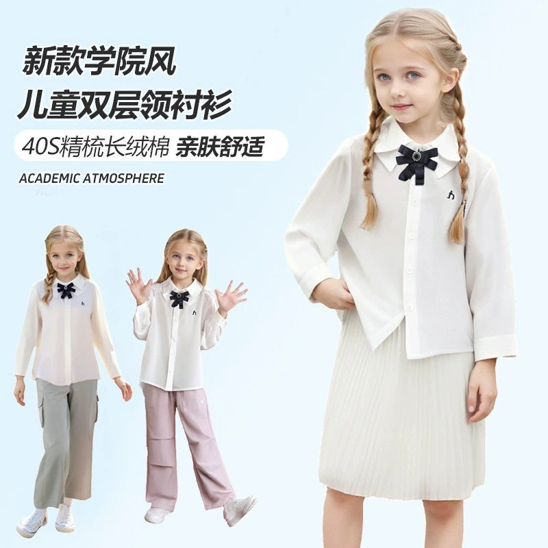 Новая рубашка с двойным воротником для девочек, украшение в стерео-банте в консервативном стиле, высококачественный хлопок, элегантная британская рубашка, приятная для кожи.