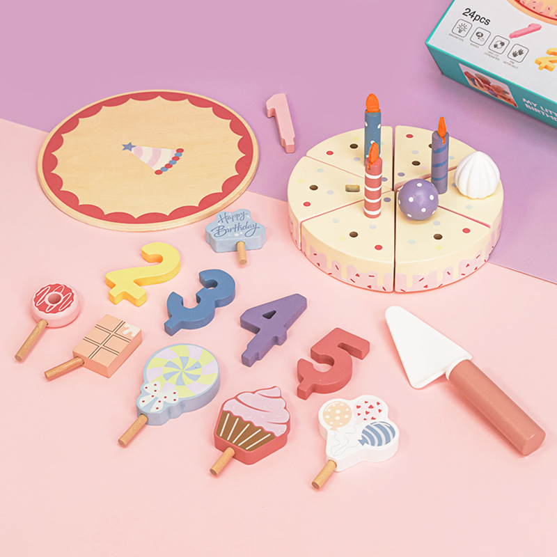 Juego de madera para niños, té de la tarde de simulación de la casa, mesa de postres, pastel de cumpleaños americano, juego de roles, juguetes Chechele image 5