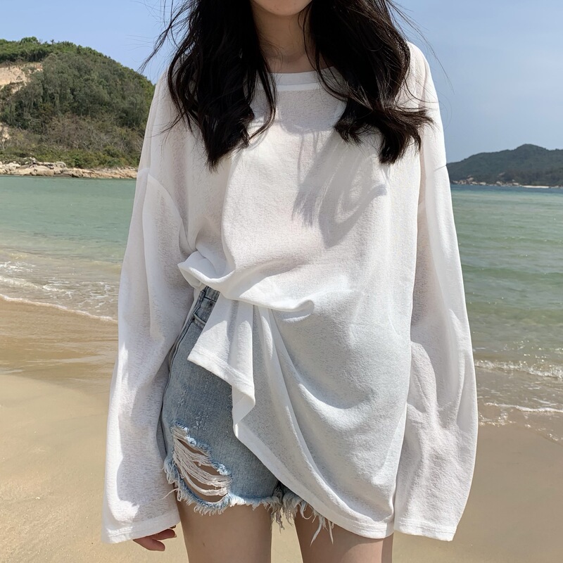 Summer Ins Niche Design Crewneck Hollow Top Loose Thin Long-sleeved T-shirt Women's Sunscreen Blouse Summer Ins Niche Design Crewneck Hollow Top Loose Thin Long-sleeved T-shirt Women's Sunscreen Blouse
