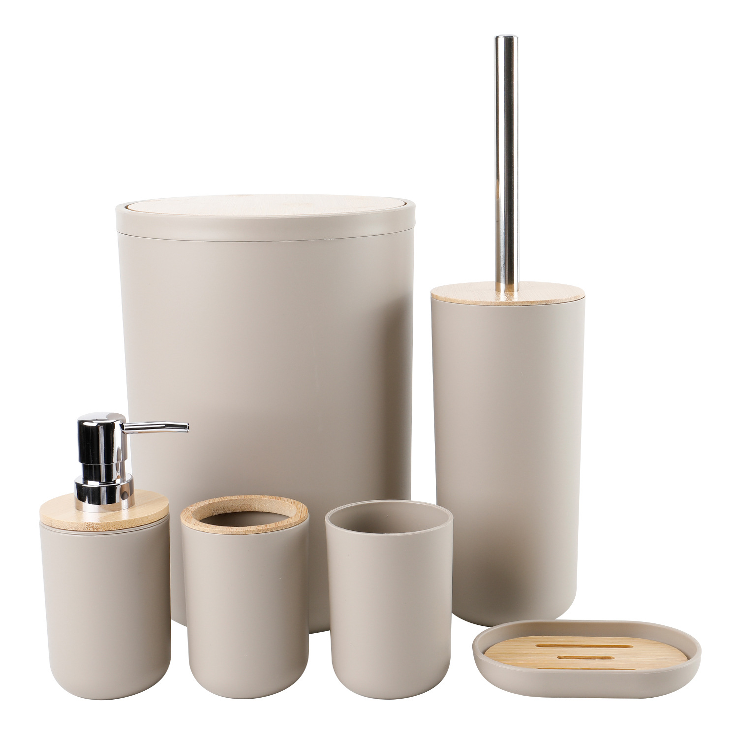 Cubierta de bambú de lavado de baño de plástico de seis piezas de la fábrica al por mayor de almacenamiento de baño estante titular de cepillo de dientes de basura puede