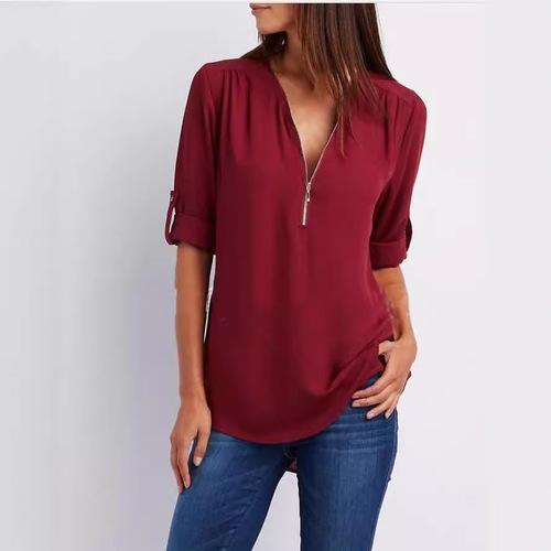  European and American shirts V-neck zipper large size women's clothes long-sleeved roll-up sleeves loose chiffon shirts Europe and America
