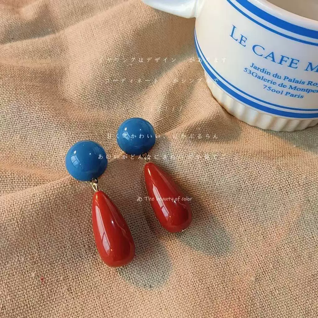 复古港风红蓝撞色水滴耳环女时尚夸张耳钉树脂圆形几何设计感耳坠
