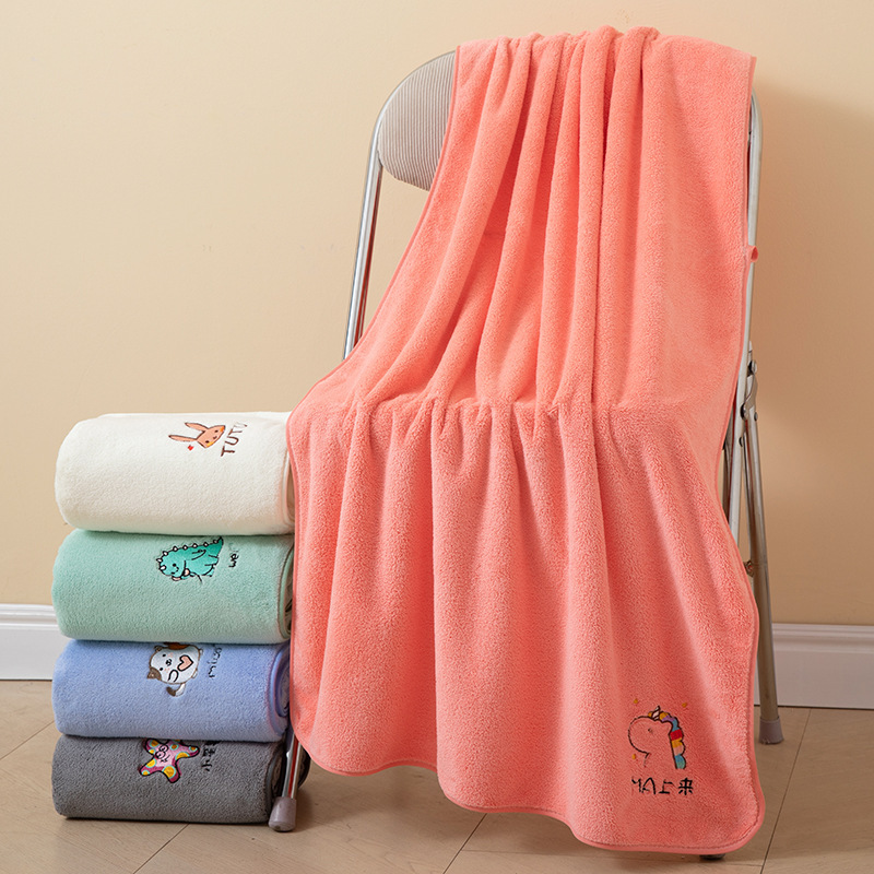 Bath Towel for Adults Wholesale Coral Velvet Thickened Edge Embroidery Absorbent Beach Towel Household Cartoon Embroidery Children's Bath Towel