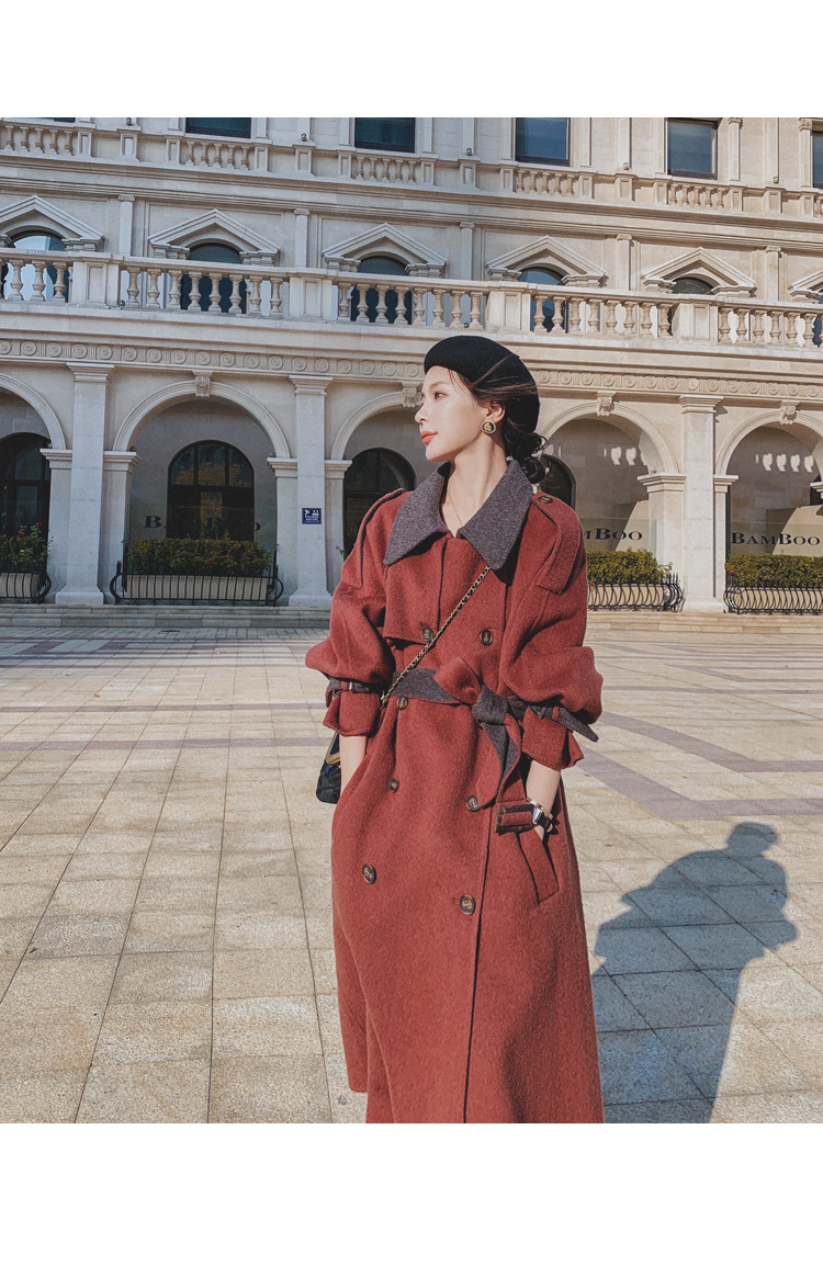 Women's Long Woolen Coat Brick Red Hepburn Style Winter Overcoat_voghion.com