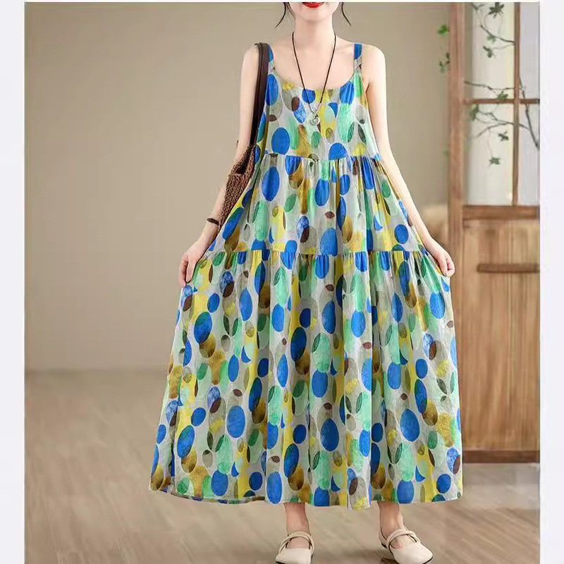 Cross-border Wholesale Summer New Loose plus size Casual Fashion Artistic Fresh Dress Women's Printed Slip Dress