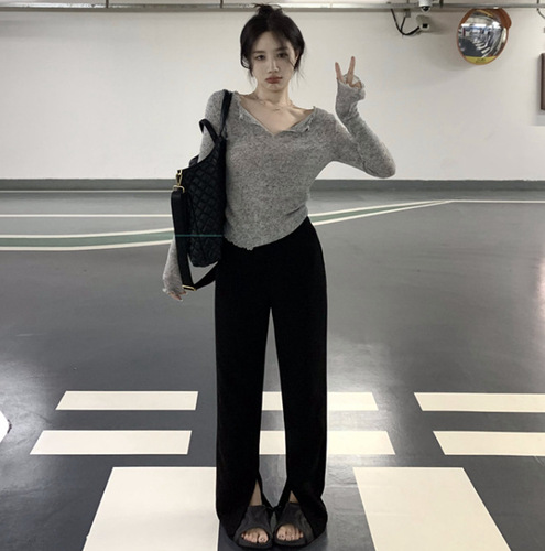 Korean Pure Desire Lazy V-Neck Slimming T-shirt Women's Top Casual Long Sleeve T-shirt