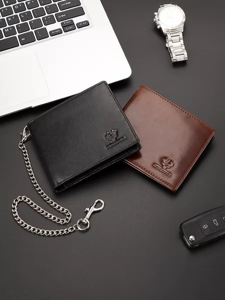 Hummer Paul Foreign Trade High-end Gift Top-layer Cowhide Card Bag Metal Chain Simple Short Leather Men's Wallet