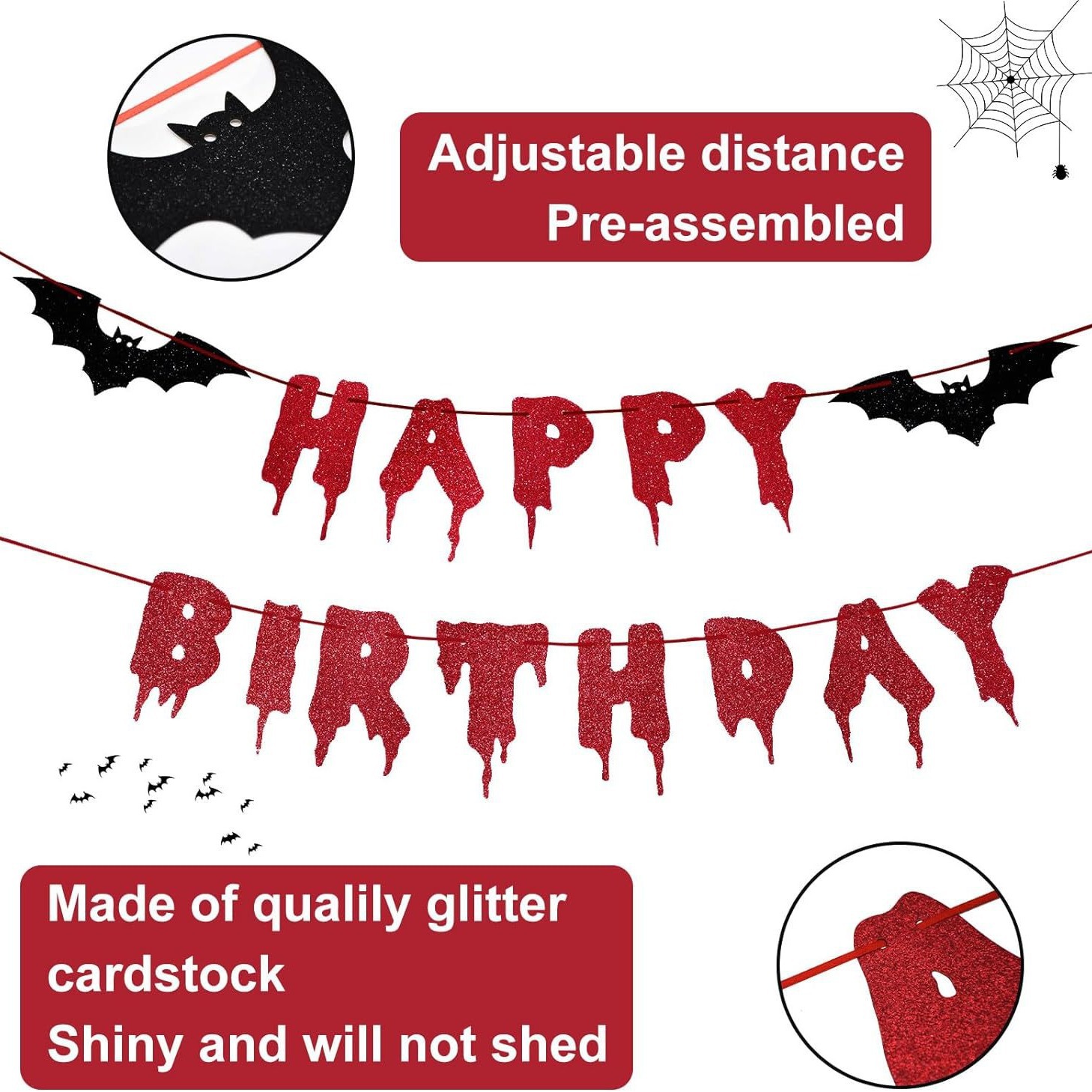 2024 nuevo polvo brillante rojo Feliz cumpleaños banner de Halloween tira bandera de Halloween murciélagos decoraciones