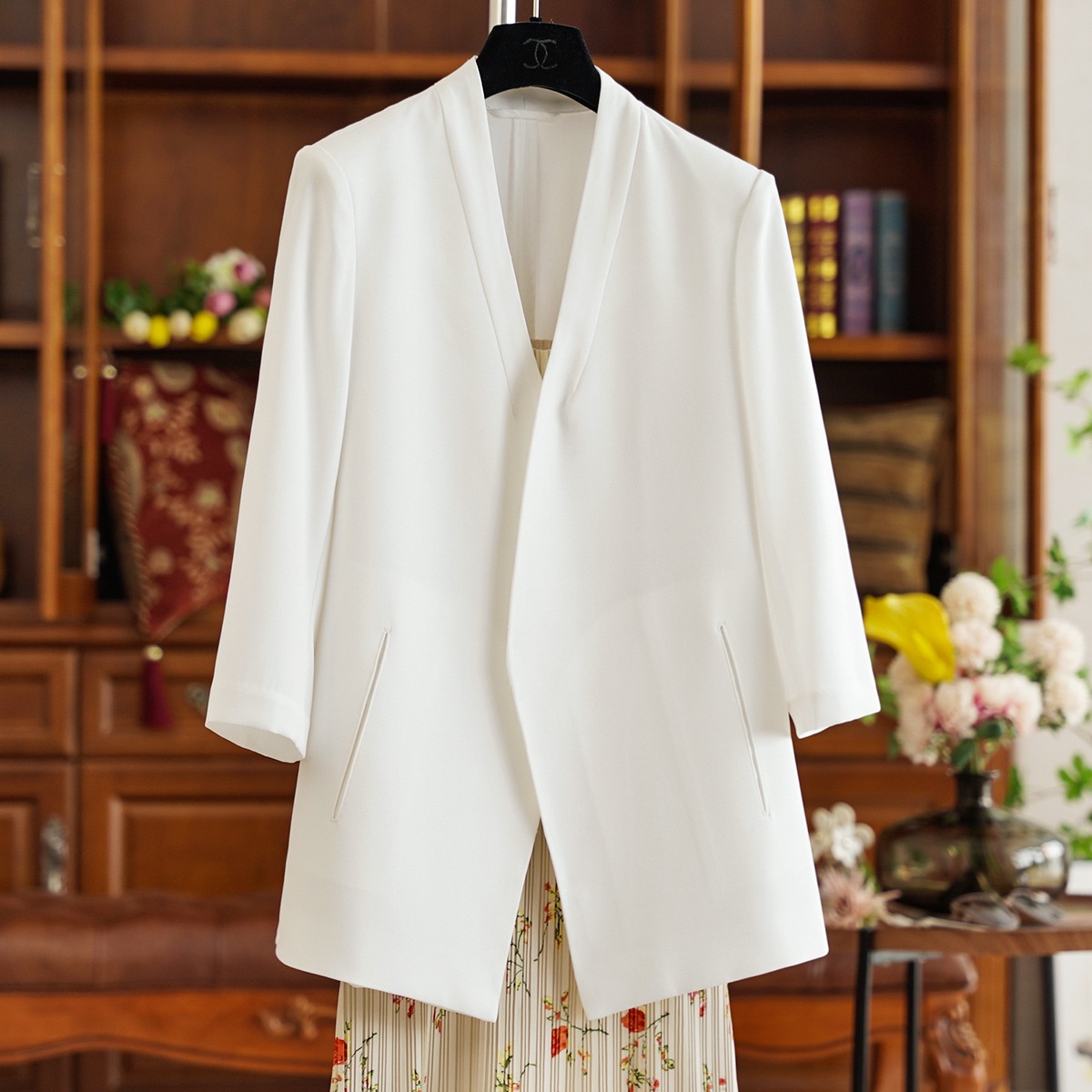 Wide Version Collarless Acetate Three-Quarter Sleeve Commuter Suit Jacket for Women Summer New Style 0503