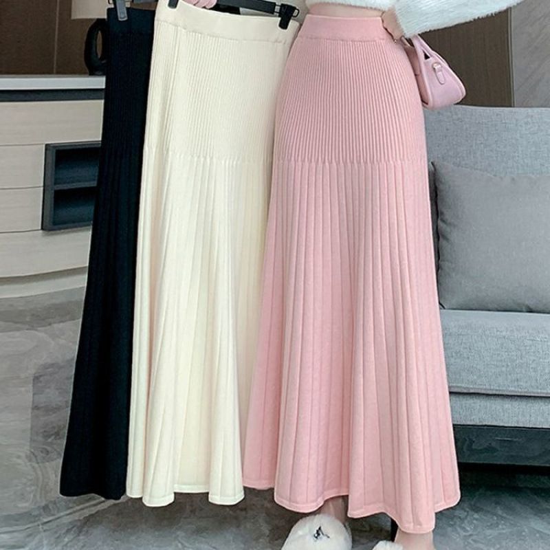 Knitted Pleated Skirt for Women in Autumn and Winter New Style Elastic High Waist Slimming Look Draped Casual A-Line Long Skirt with Large Hem Knitted Pleated Skirt for Women in Autumn and Winter New Style Elastic High Waist Slimming Look Draped Casual A-Line Long Skirt with Large Hem