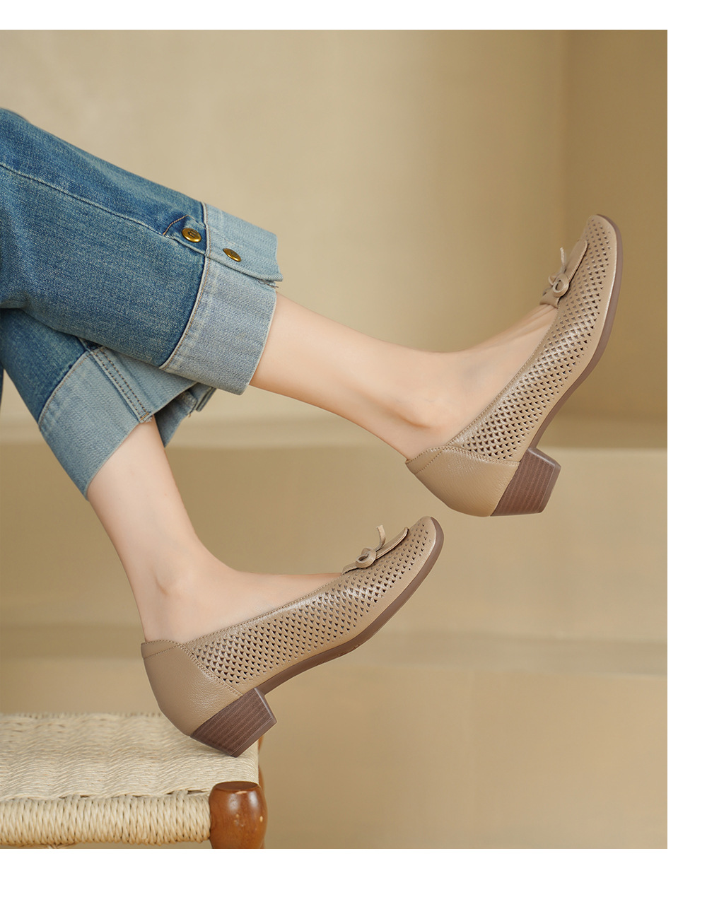 Giày cao gót nữ da cừu mũi nhọn gót vuông ổn định 3.5cm nơ bướm — màu trắng ngà chi tiết 7