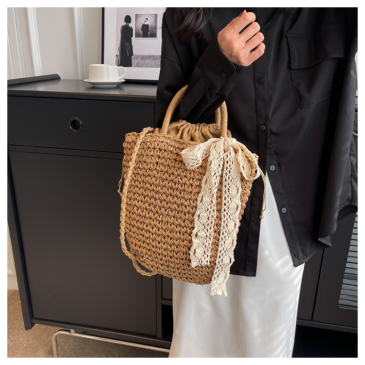 Women's Straw Shoulder Bag With Silk Scarf For Holiday Beach_voghion.com