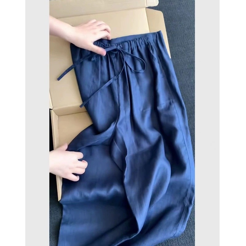 超見栄えの良い、ファッショナブルでハイエンドの新しい中国風のブルーのワイドレッグパンツ、女性用夏の新しいカジュアルで多用途なルーズパンツ2025|undefined