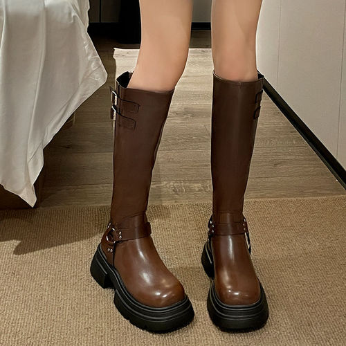 Internet-famous fashionable women's over-the-knee boots 2024 solid color autumn chunky heel riding boots western high-top non-slip boots trendy