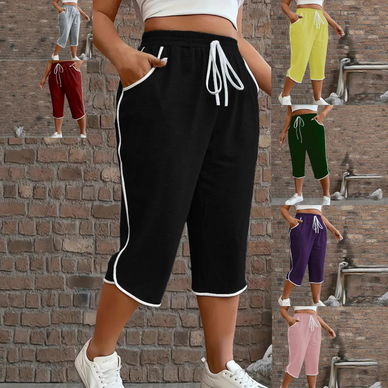 2026 Plus Size Tk Aliexpress European and American Women's Color-Block Comfortable Stretchy Capri Pants Sexy Color-Block Sports Casual Pants