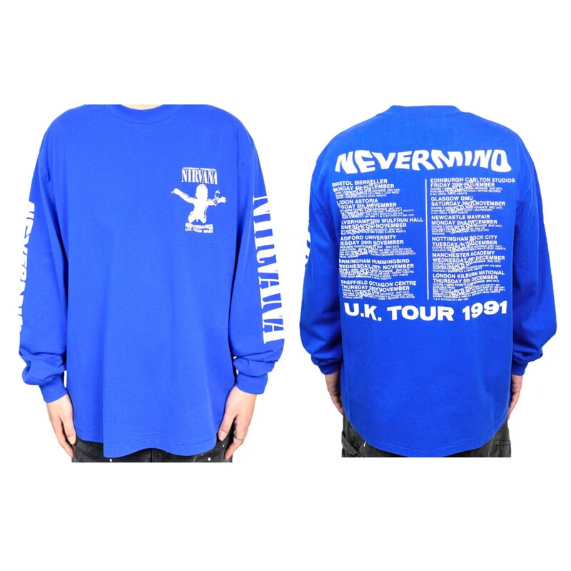 Nirvana Band Nevermind Special Tour Vintage Single-Stitch Poster Limited Edition 280g Heavyweight Blue Long-Sleeve Shirt