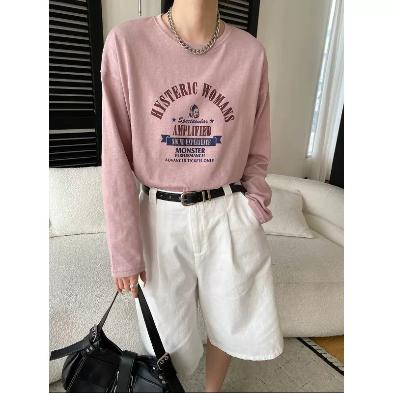 司南 早春新款 美式复古字母印花圆领宽松长袖T恤打底衫 SN8562