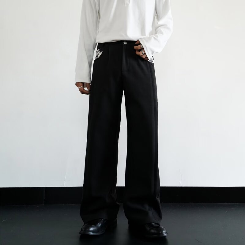 Spring and Autumn 2026 Floral Pocket Pleated 3D Cut Men's Casual Versatile Cargo Pants Straight-Leg Trousers Trendy