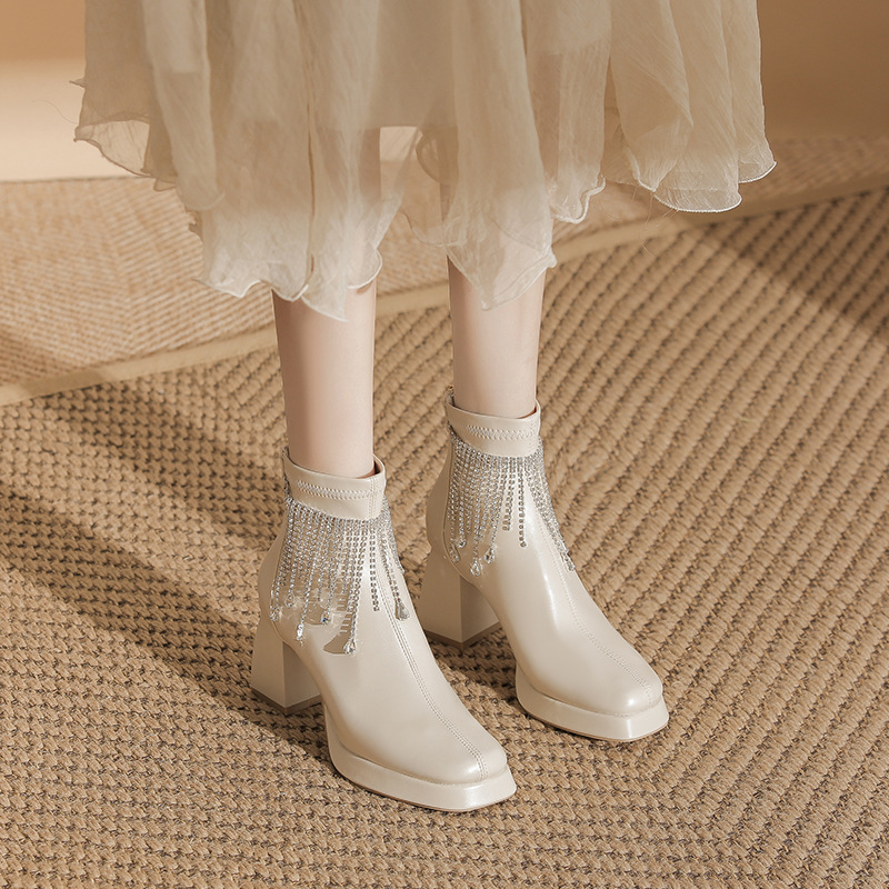 8033-Z74 Stunning New Autumn/Winter Square-Toe Tassel Height-Increasing Short Boots with Short Tube Design, High-End Feel, Chunky Heel, Stretch Slim Fit