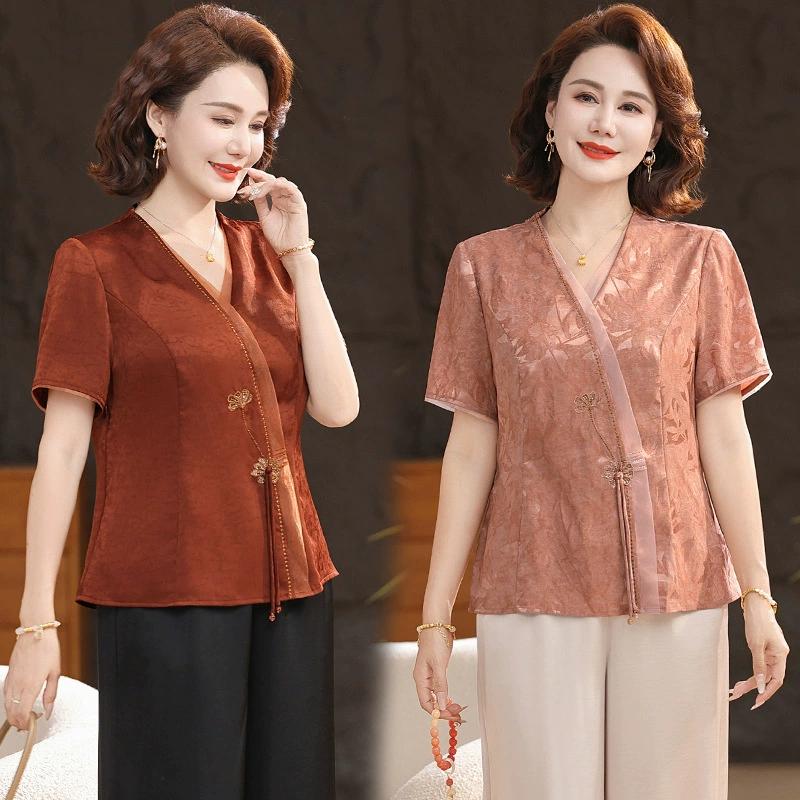 Xiangyun пряжа китайская V-образная рубашка с короткими рукавами женская новая мама среднего возраста новая китайская рубашка