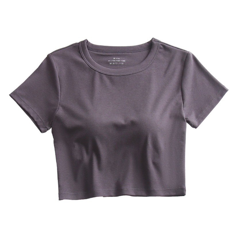 Short-sleeved T-shirt Women's Summer Short Cropped Top with Chest Pad Small Round Neck Half-sleeved Base Shirt for Outer Wearing Solid Color