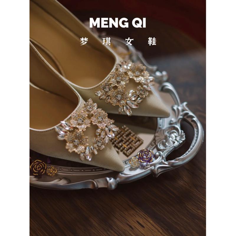Huizhou Handmade Women's Shoes 2025 New French-Style Satin Wedding Shoes with Thin Heels, Pointed Toe, Shallow Mouth, and Rhinestones